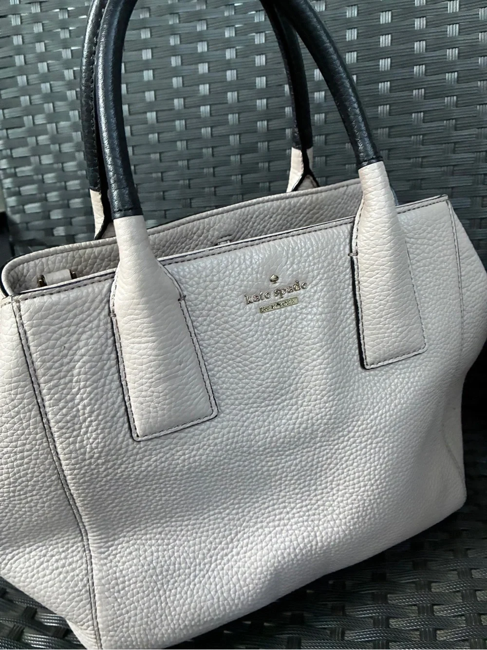 kate spade Pebbled Leather Satchel in Light Gray with Black Handles